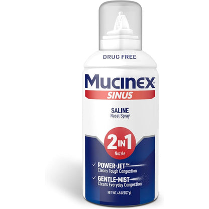 Mucinex Sinus Saline Nasal Spray and Sinus Rinse front view packaging showcasing the two in one jet and mist nozzle feature.