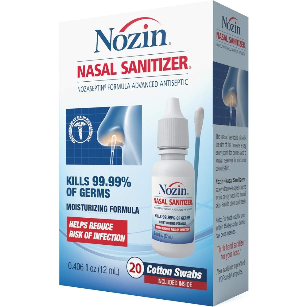 Nozin Nasal Sanitizer Antiseptic twelve milliliter bottle front view showcasing product packaging