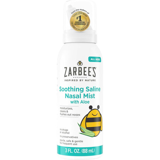 Zarbee's Soothing Saline Nasal Mist with Aloe front packaging for clear breathing