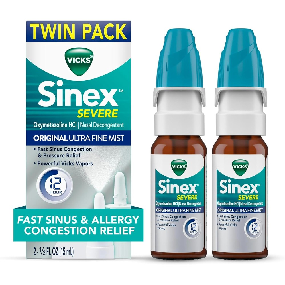 Vicks Sinex Severe Allergy and Sinus Nasal Spray twin pack front view showing packaging details.