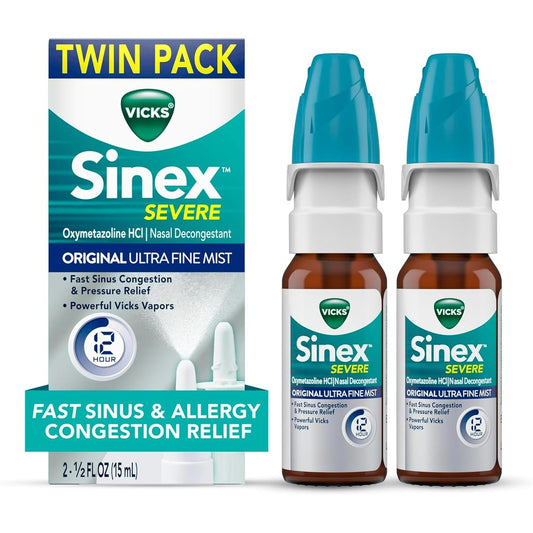 Vicks Sinex Severe Allergy and Sinus Nasal Spray twin pack front view showing packaging details.