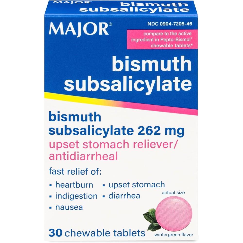 MAJOR Bismuth Subsalicylate 262 mg Chewables front packaging view for stomach relief