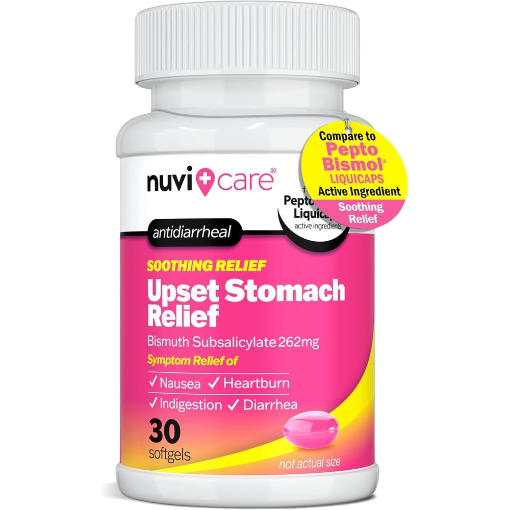 NUVICARE upset stomach relief bismuth subsalicylate 30 liquicaps front view showing medicine packaging
