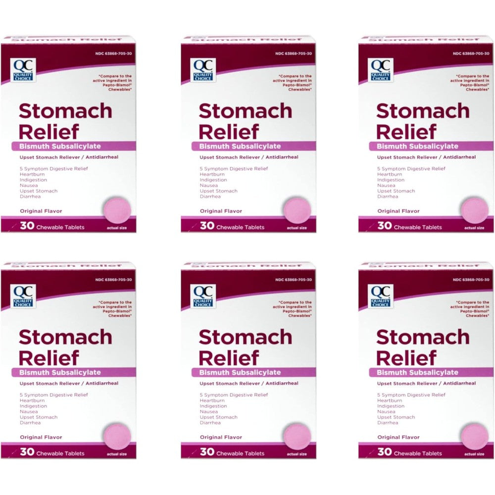 Quality Choice Pink Bismuth Chewable Tablets front view of 6 pack box set
