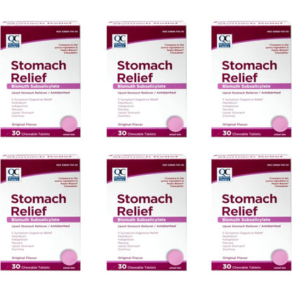 Quality Choice Pink Bismuth Chewable Tablets front view of 6 pack box set