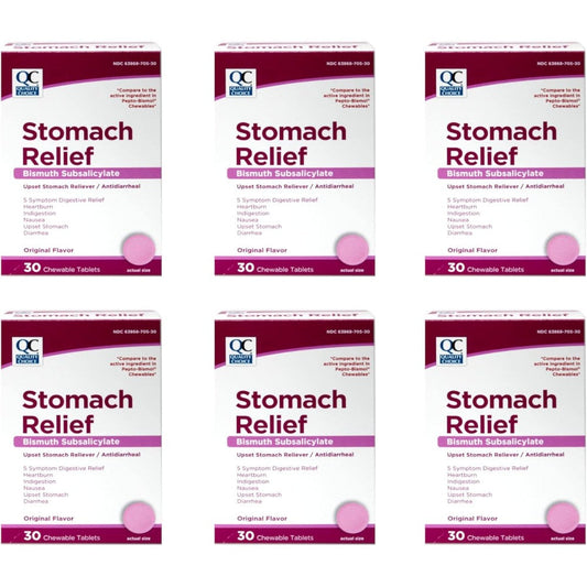 Quality Choice Pink Bismuth Chewable Tablets front view of 6 pack box set