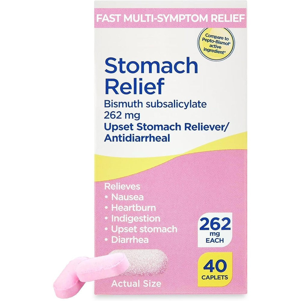 Equate Stomach Relief Bismuth Subsalicylate 262mg 40 caplets front view for digestive health