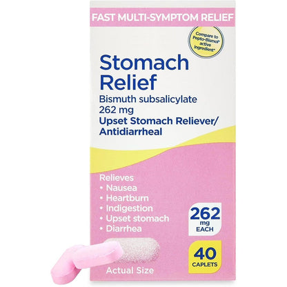 Equate Stomach Relief Bismuth Subsalicylate 262mg 40 caplets front view for digestive health
