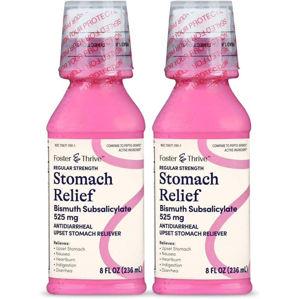 Foster And Thrive Stomach Relief Liquid front view packaging showing multi symptom digestive treatment.