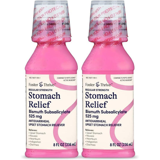 Foster And Thrive Stomach Relief Liquid front view packaging showing multi symptom digestive treatment.