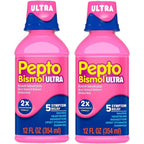 Pepto Bismol Ultra Liquid twelve fluid ounce bottles front view showing the packaging and five symptom relief labels