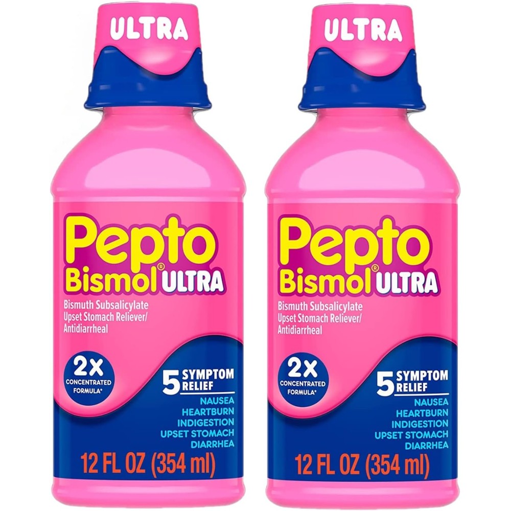 Pepto Bismol Ultra Liquid twelve fluid ounce bottles front view showing the packaging and five symptom relief labels