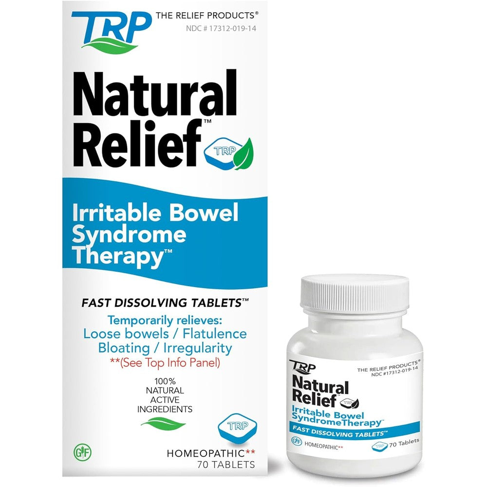 The Relief Products IBS Therapy Tablets 70 Count front view packaging showcasing homeopathic digestive care details.