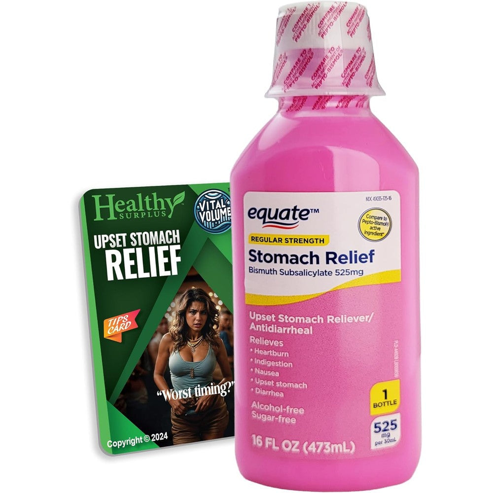 Healthy Surplus Equate Stomach Relief Liquid front view packaging showing the 16 fluid ounce bottle