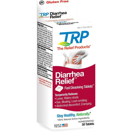 The Relief Products Diarrhea Relief 50 count bottle front view