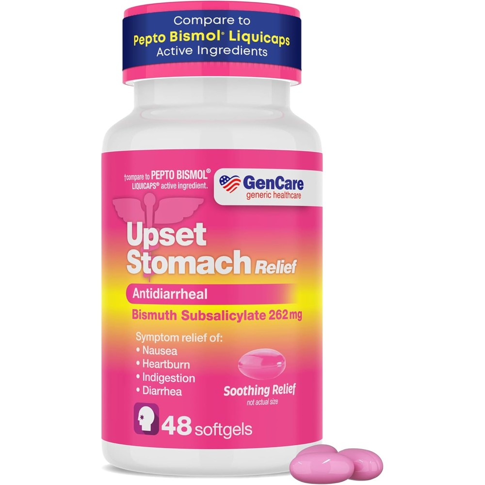 GenCare Upset Stomach Relief 48 softgels front bottle view for digestive health.
