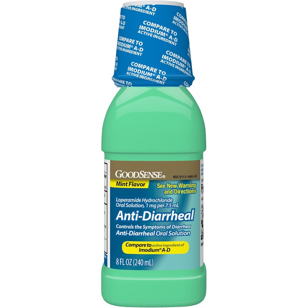 GoodSense Loperamide Hydrochloride Oral Solution front view bottle for fast anti diarrheal relief.
