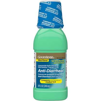 GoodSense Loperamide Hydrochloride Oral Solution front view bottle for fast anti diarrheal relief.