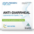 Puregen Labs Anti Diarrheal 24 caplets front packaging view for stomach relief