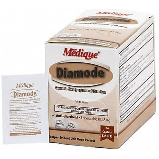 Snana Medique Diamode anti-diarrheal medication front view of the 24 count packaging box highlighting the loperamide hydrochloride ingredients.