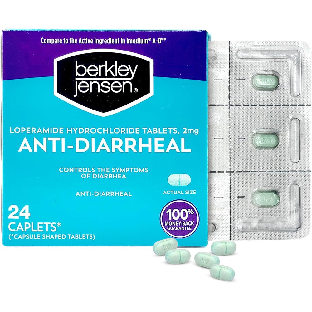Berkley Jensen Anti Diarrheal Medicine front view packaging showing twenty four caplets