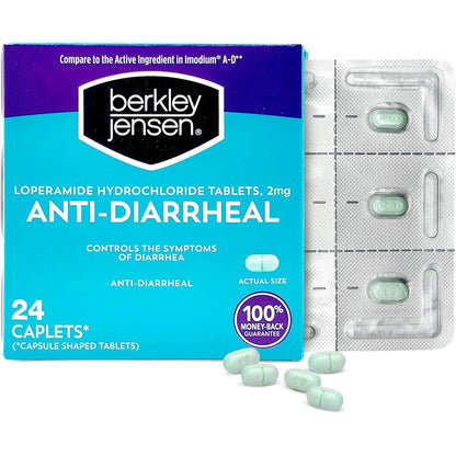 Berkley Jensen Anti Diarrheal Medicine front view packaging showing twenty four caplets