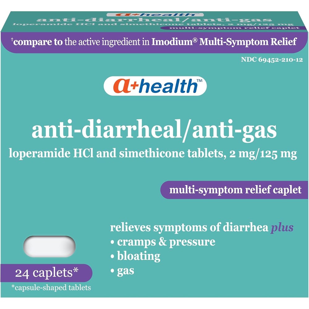 Create and Bundle A+Health Anti Diarrheal Anti Gas 24 caplets front packaging for stomach relief