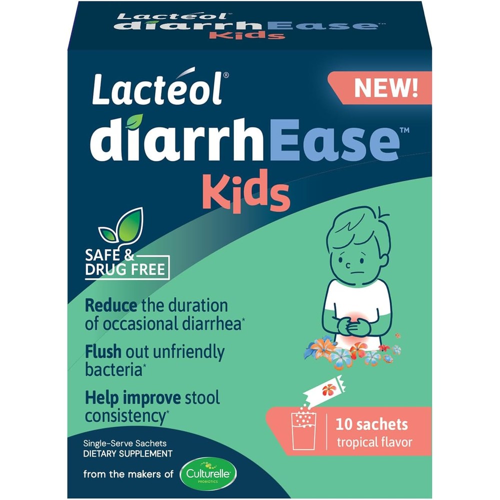 Lacteol DiarrhEase Kids 10 count box front view showing pediatric postbiotic digestive supplement details