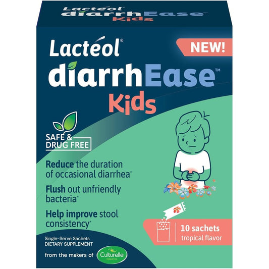 Lacteol DiarrhEase Kids 10 count box front view showing pediatric postbiotic digestive supplement details