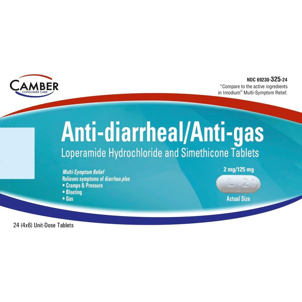 Camber Pharmaceuticals loperamide and simethicone multi symptom tablets front view box