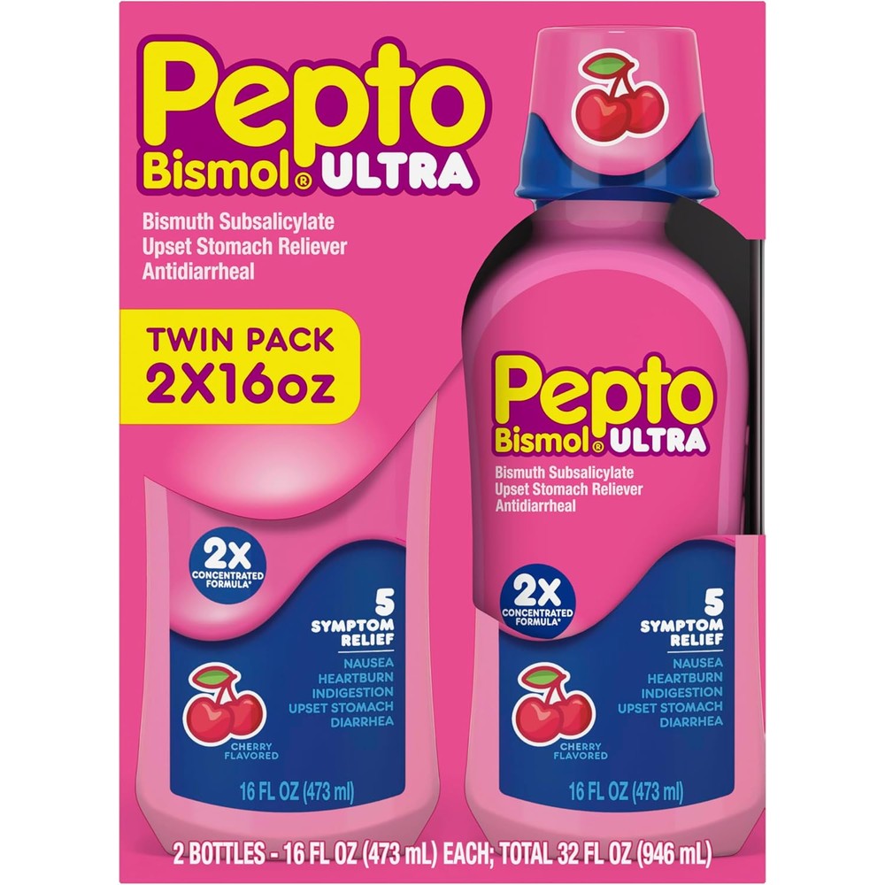 Pepto Bismol Ultra Liquid cherry flavor front view twin pack