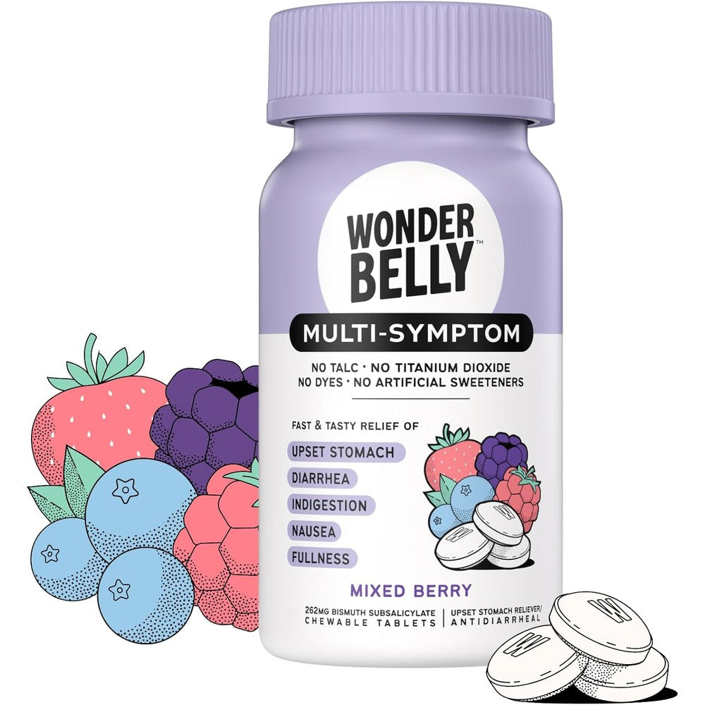 Wonderbelly Multi Symptom Medicine Mixed Berry 40 Chewable Tablets front packaging view.