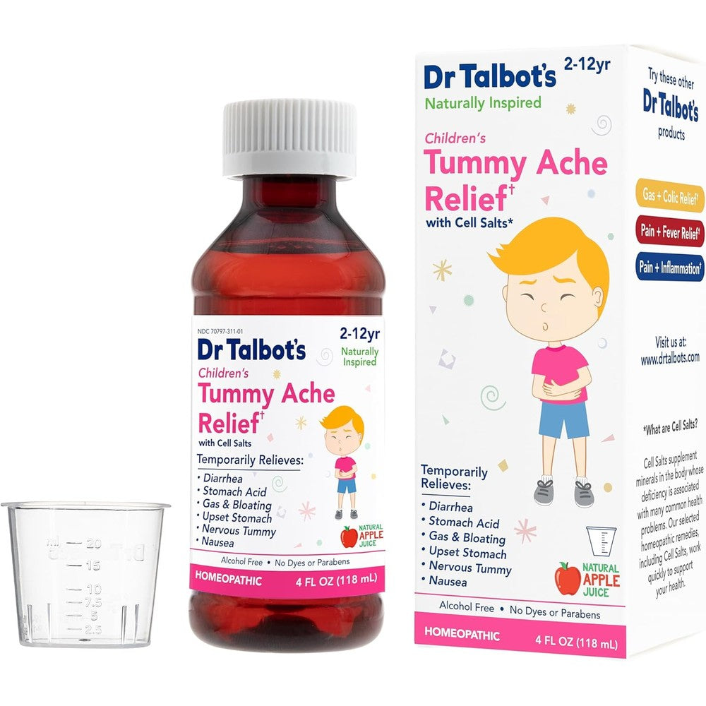 Dr. Talbot's Children's Tummy Ache Relief medicine bottle with dosage cup front view