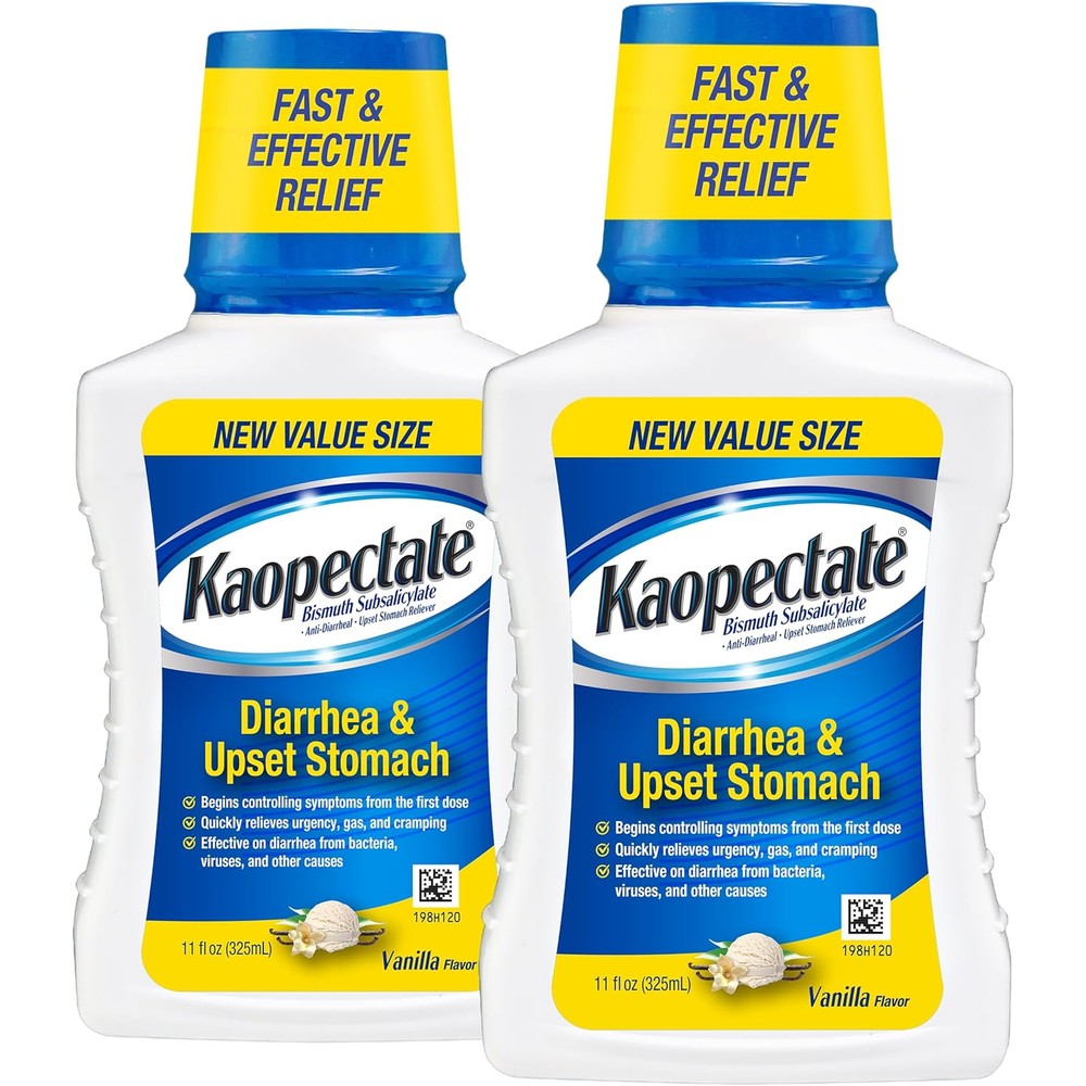 Kaopectate Vanilla Multi Symptom Diarrhea Medication front view of twin pack bottles.