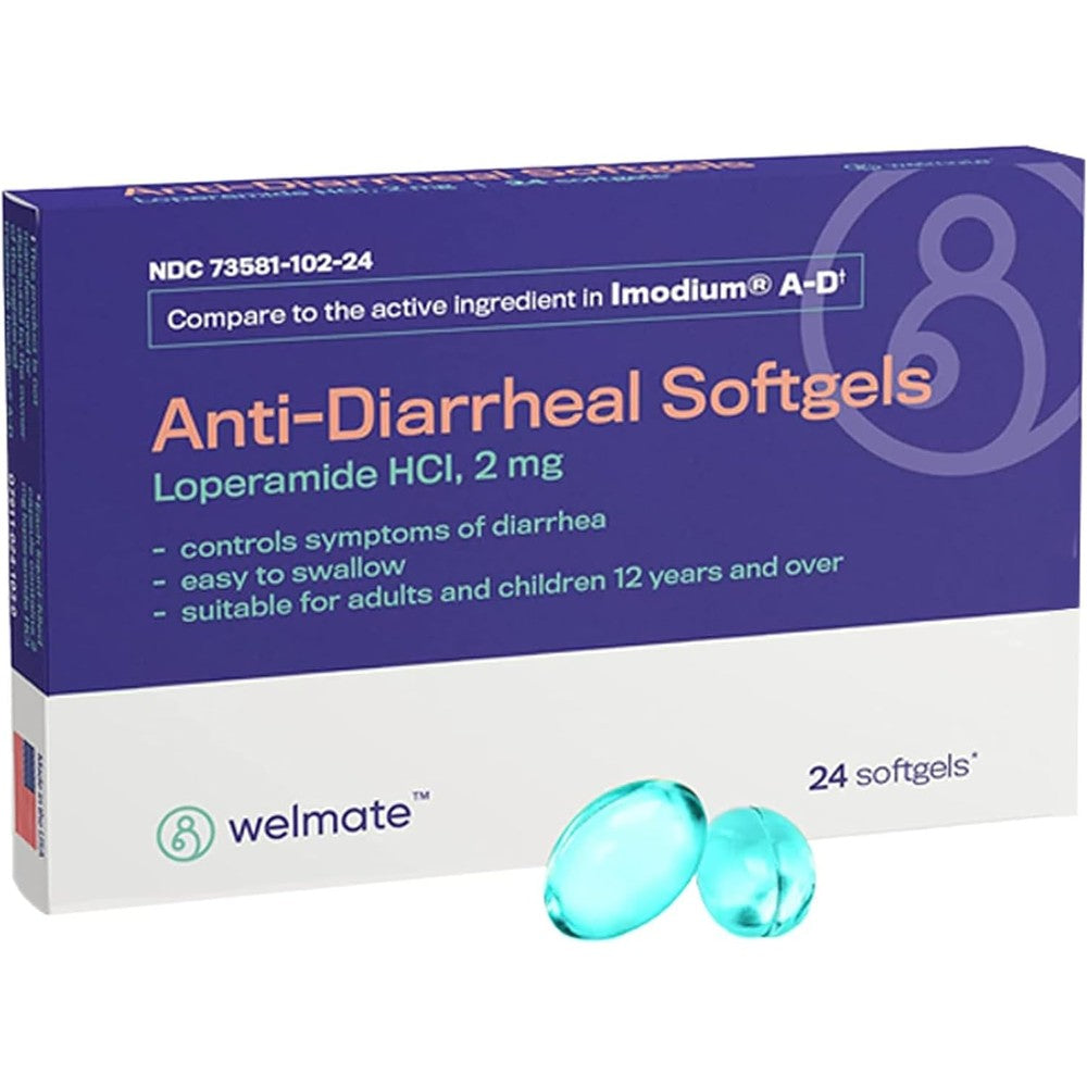 Welmate anti diarrheal softgels blister pack front view showcasing 2mg loperamide content