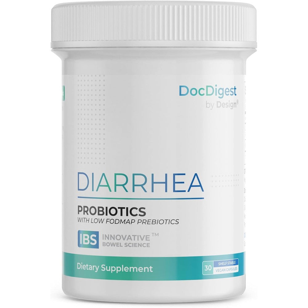 DocDigest by Design IBS Anti Diarrhea Probiotic bottle front view showing 30 vegan capsules label.