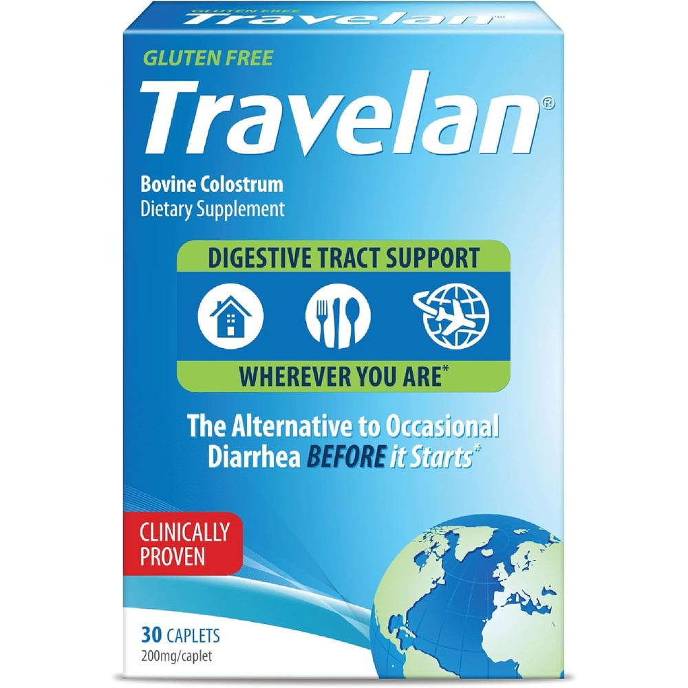 Travelan Anti Diarrhea Pills front view packaging for traveler diarrhea prevention supplement
