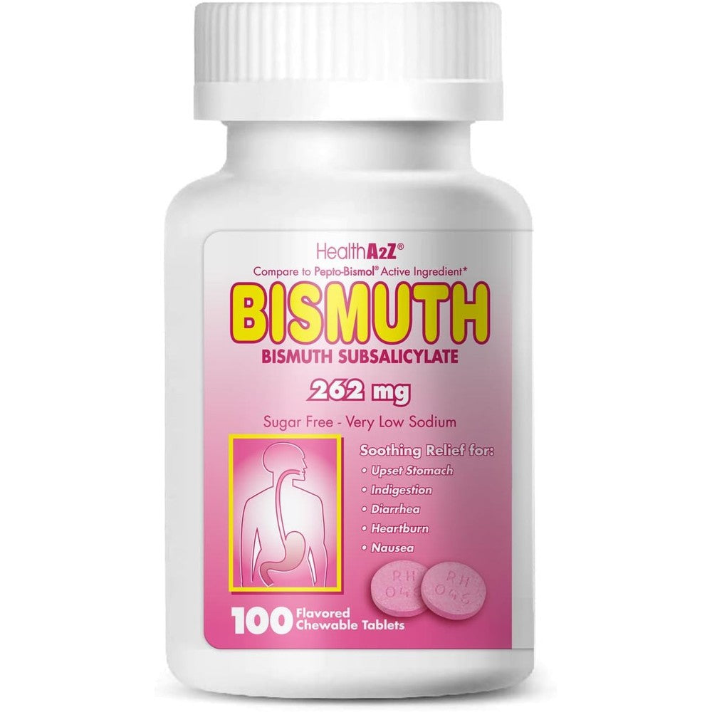 HealthA2Z Bismuth Subsalicylate 262mg 100 chewable tablets bottle front view