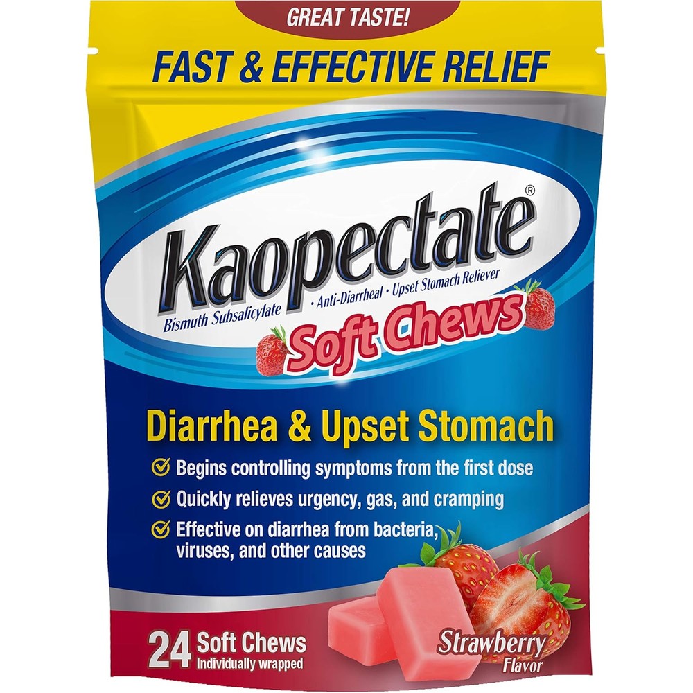 Kaopectate Strawberry Soft Chews 24 count front package view for fast adult diarrhea relief.