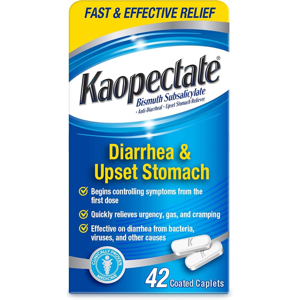 Kaopectate Multi-Symptom Anti-Diarrheal 42 Caplets front packaging for upset stomach relief