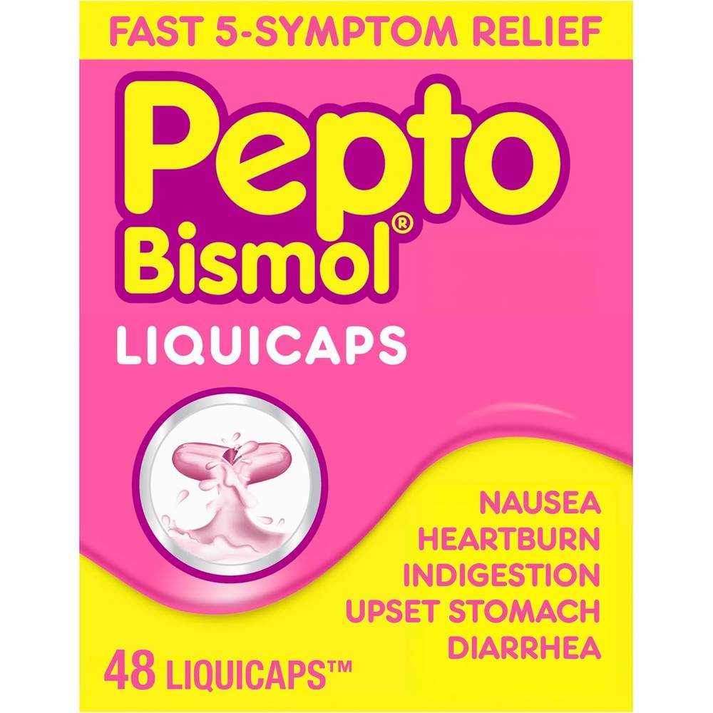 Pepto Bismol Liquicaps front view showing 48 count bottle