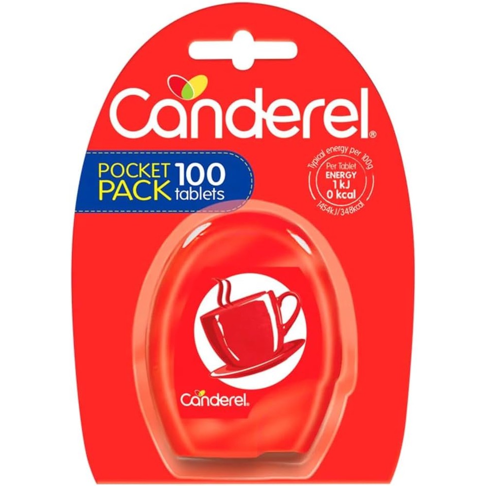 Canderel Low Calorie Sweetener 100 Tablets front view pocket dispenser sugar alternative