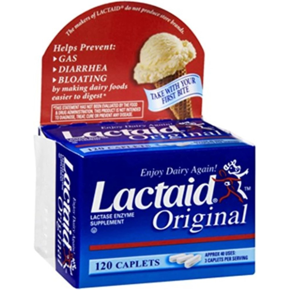 Lactaid Original Lactase Enzyme Supplement Caplets 120 count front view packaging for lactose intolerance relief