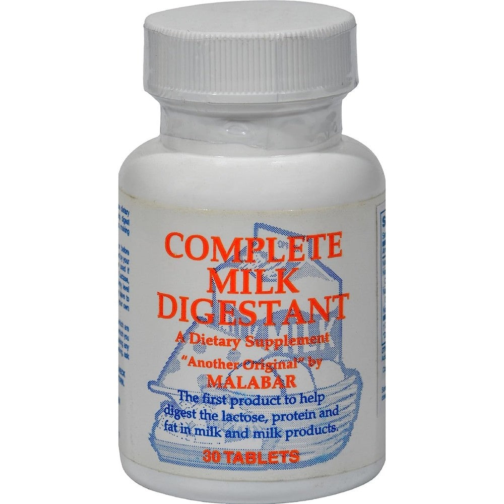 Malabar Complete Milk Digestant 30 tablets bottle front view for lactose intolerance support