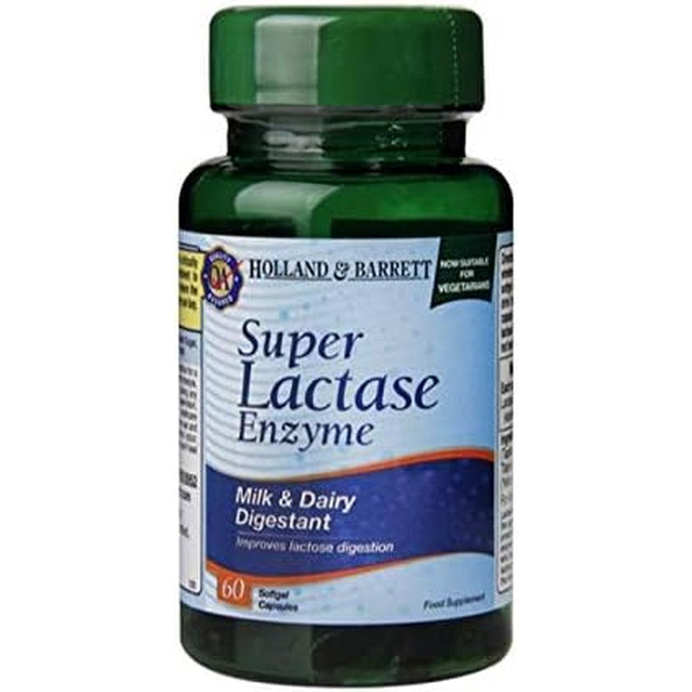 Holland and Barrett Super Lactase Enzyme 60 capsules front view for dairy digestion support