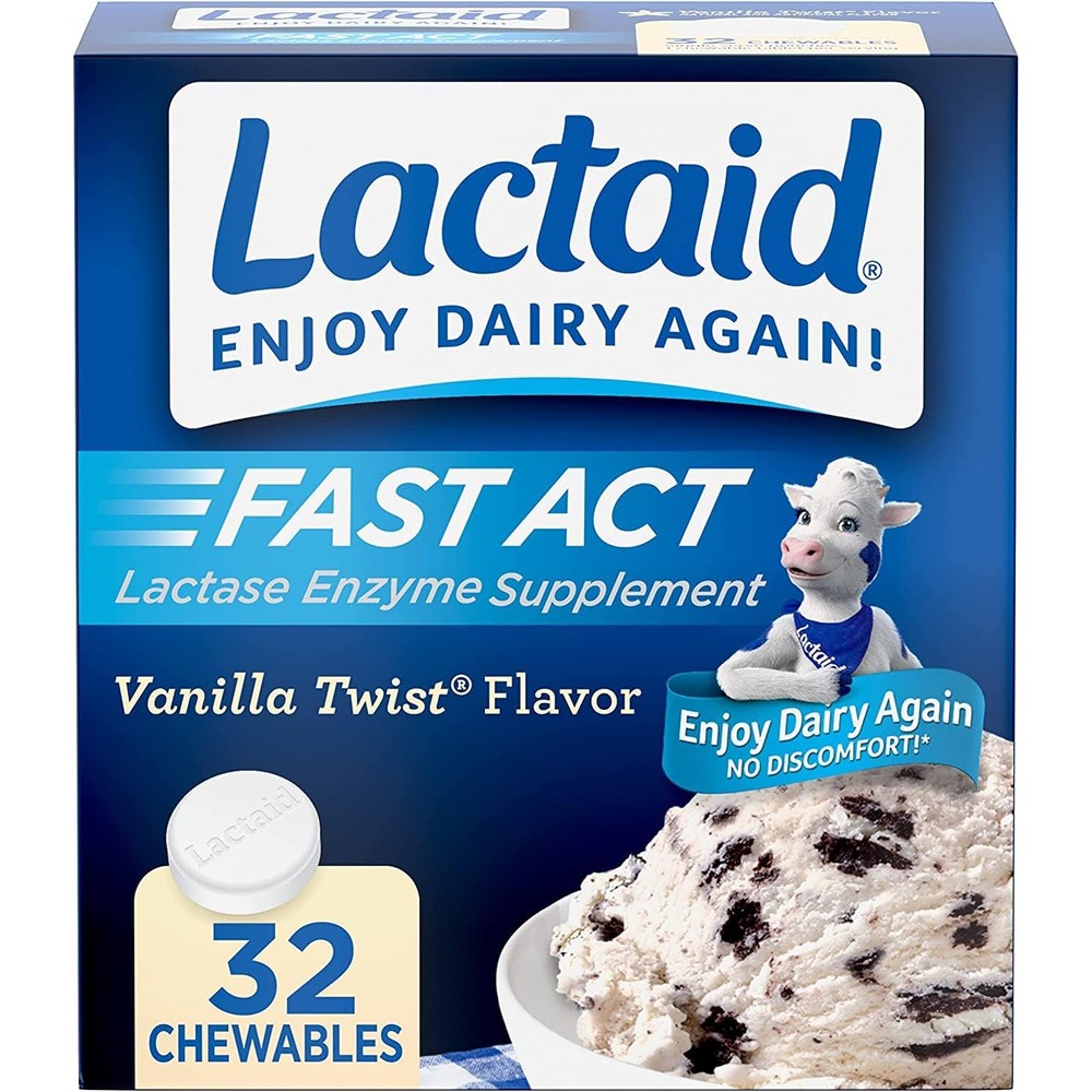 Lactaid Fast Act Chewables 32 count box front view for lactose intolerance relief