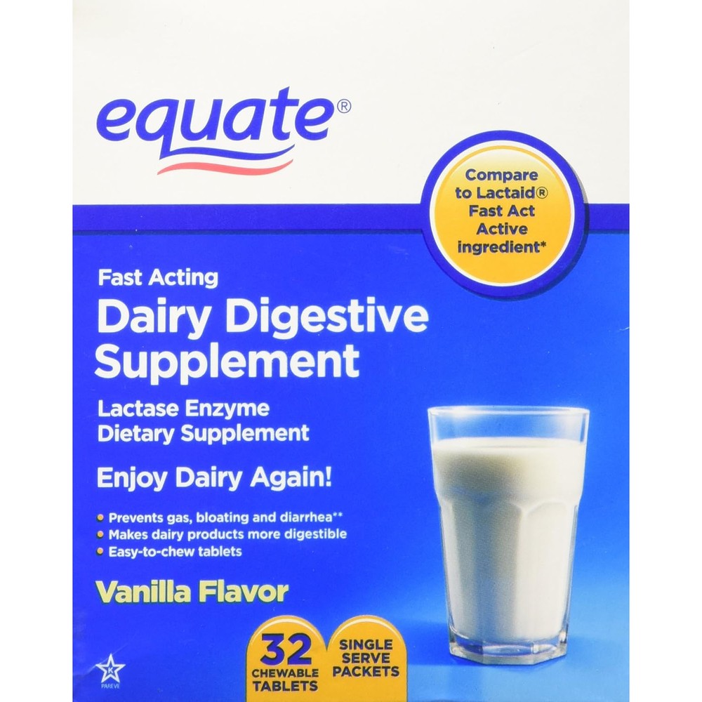 Equate Dairy Digestive Supplement 32 Chewable Tablets front packaging box showing vanilla flavor