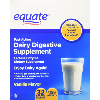 Equate Dairy Digestive Supplement 32 Chewable Tablets front packaging box showing vanilla flavor