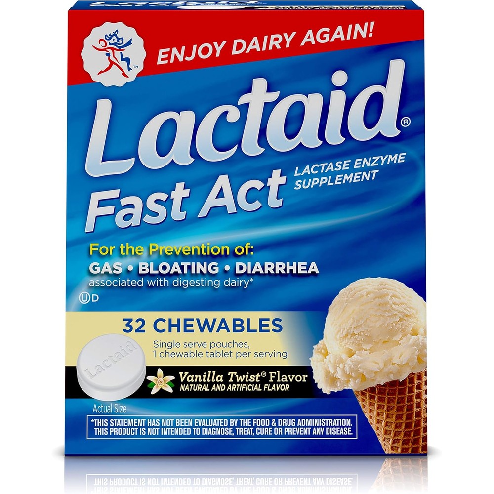 Lactaid Fast Act Lactose Intolerance Chewables box front view showcasing vanilla twist flavor dairy relief