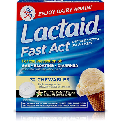 Lactaid Fast Act Lactose Intolerance Chewables box front view showcasing vanilla twist flavor dairy relief